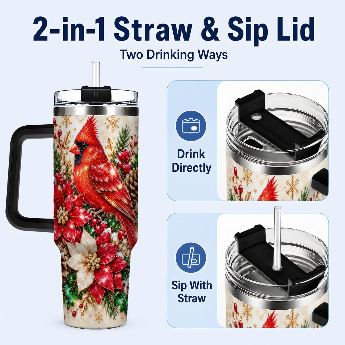 #pl[Black] Red Cardinal 40oz Tumbler with Handle, Poinsettia Winter Art