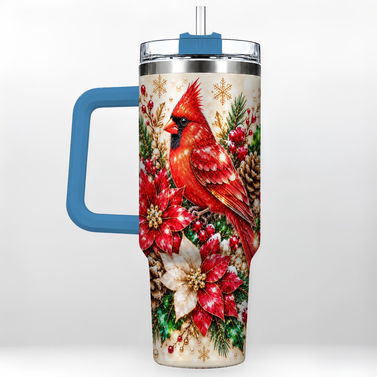 #pl[Blue] Red Cardinal 40oz Tumbler with Handle, Poinsettia Winter Art