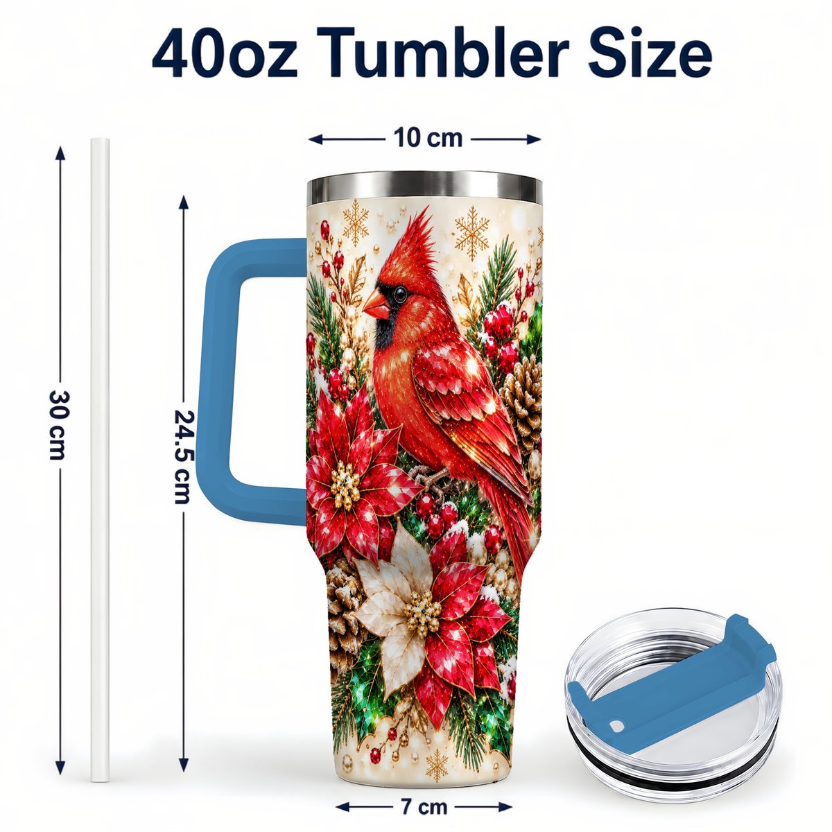 #pl[Blue] Red Cardinal 40oz Tumbler with Handle, Poinsettia Winter Art