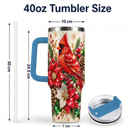 #pl[Blue] Red Cardinal 40oz Tumbler with Handle, Poinsettia Winter Art