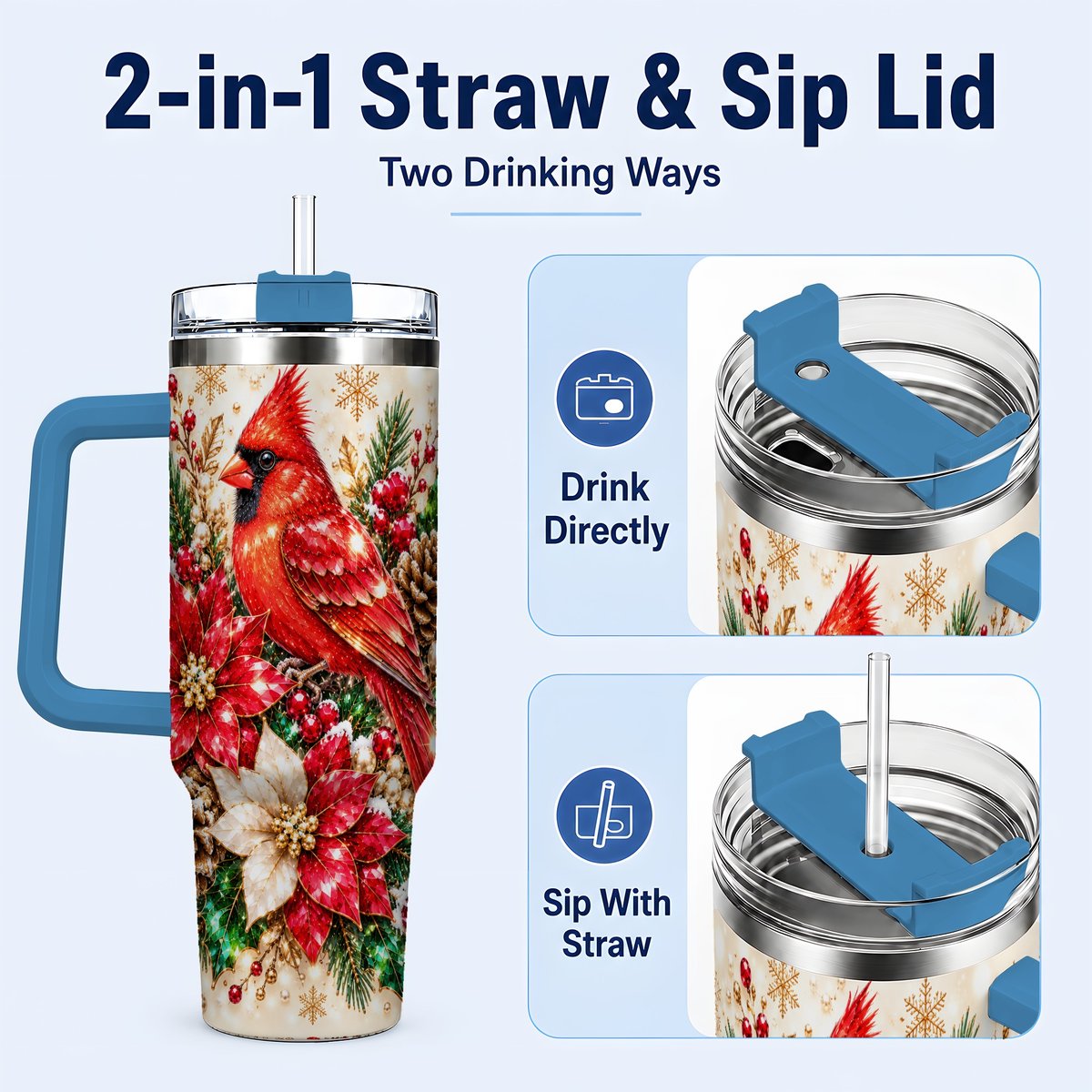 #pl[Blue] Red Cardinal 40oz Tumbler with Handle, Poinsettia Winter Art