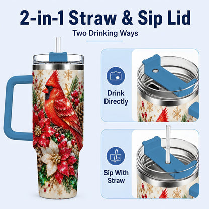 #pl[Blue] Red Cardinal 40oz Tumbler with Handle, Poinsettia Winter Art