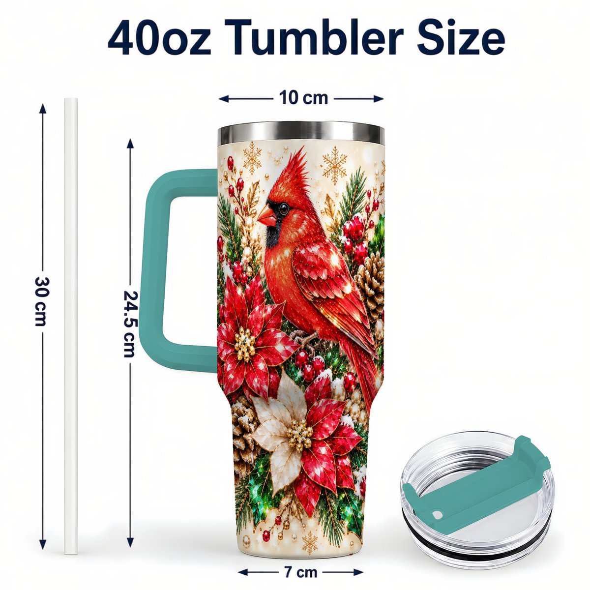 #pl[Green] Red Cardinal 40oz Tumbler with Handle, Poinsettia Winter Art