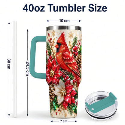 #pl[Green] Red Cardinal 40oz Tumbler with Handle, Poinsettia Winter Art