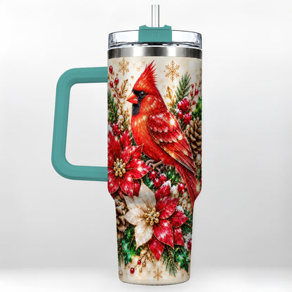 #pl[Green] Red Cardinal 40oz Tumbler with Handle, Poinsettia Winter Art
