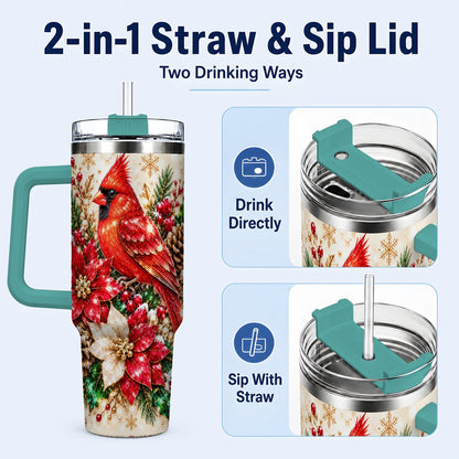 #pl[Green] Red Cardinal 40oz Tumbler with Handle, Poinsettia Winter Art