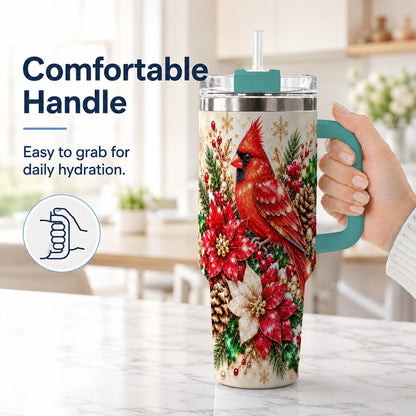 #pl[Green] Red Cardinal 40oz Tumbler with Handle, Poinsettia Winter Art
