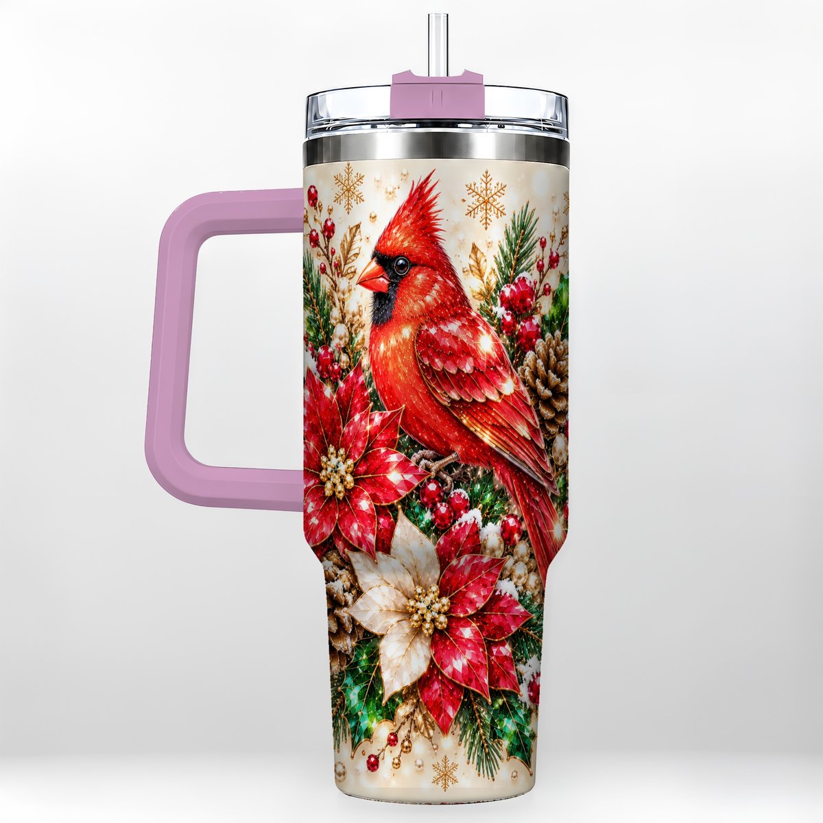 #pl[Pink] Red Cardinal 40oz Tumbler with Handle, Poinsettia Winter Art