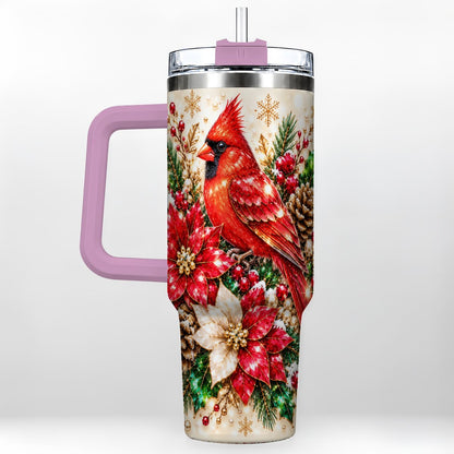 #pl[Pink] Red Cardinal 40oz Tumbler with Handle, Poinsettia Winter Art
