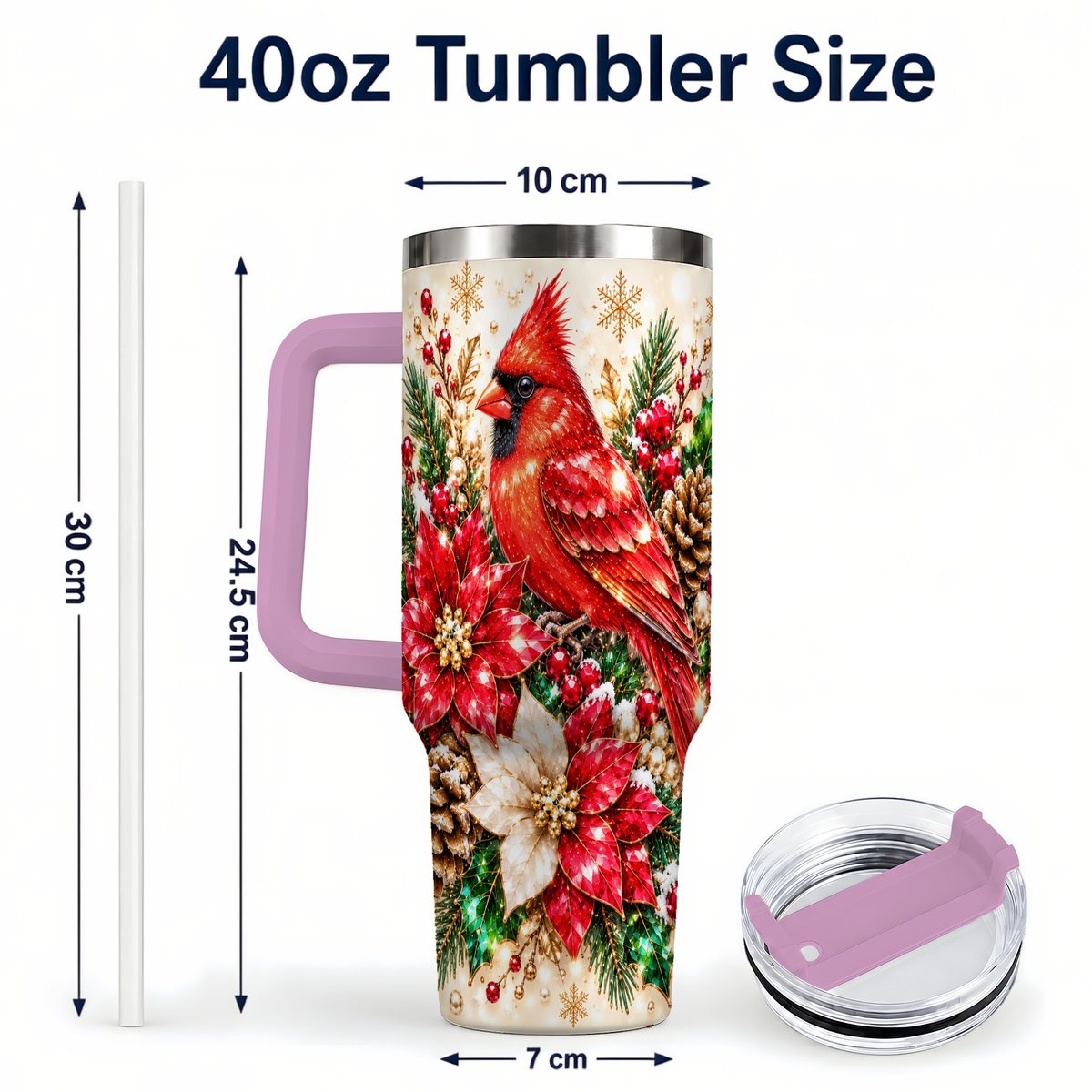 #pl[Pink] Red Cardinal 40oz Tumbler with Handle, Poinsettia Winter Art