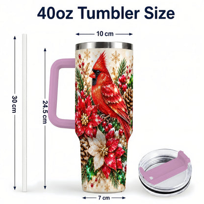#pl[Pink] Red Cardinal 40oz Tumbler with Handle, Poinsettia Winter Art