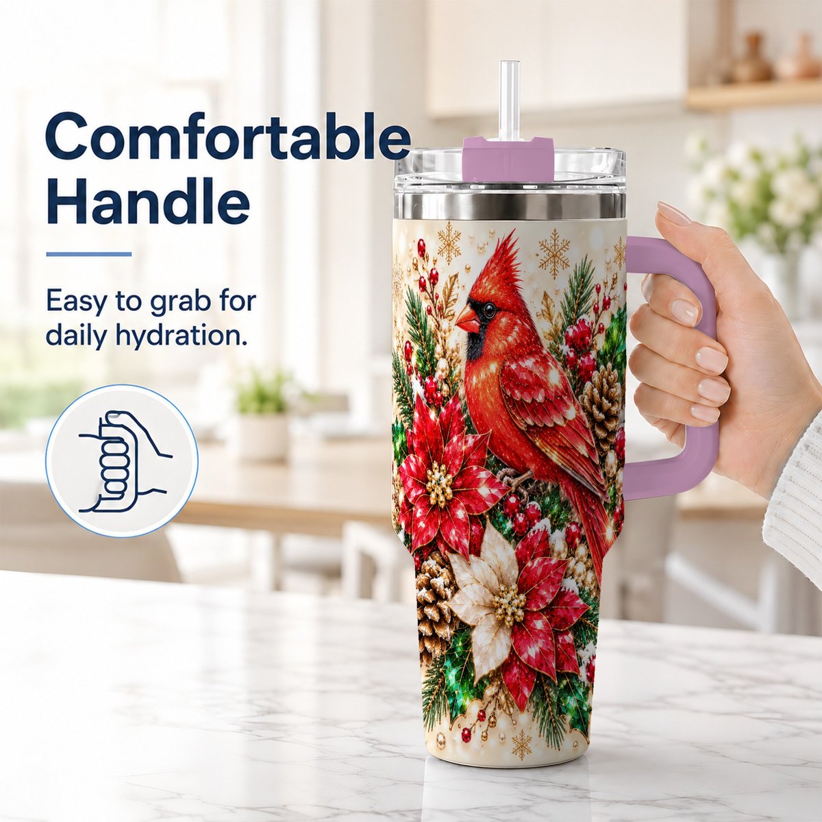 #pl[Pink] Red Cardinal 40oz Tumbler with Handle, Poinsettia Winter Art