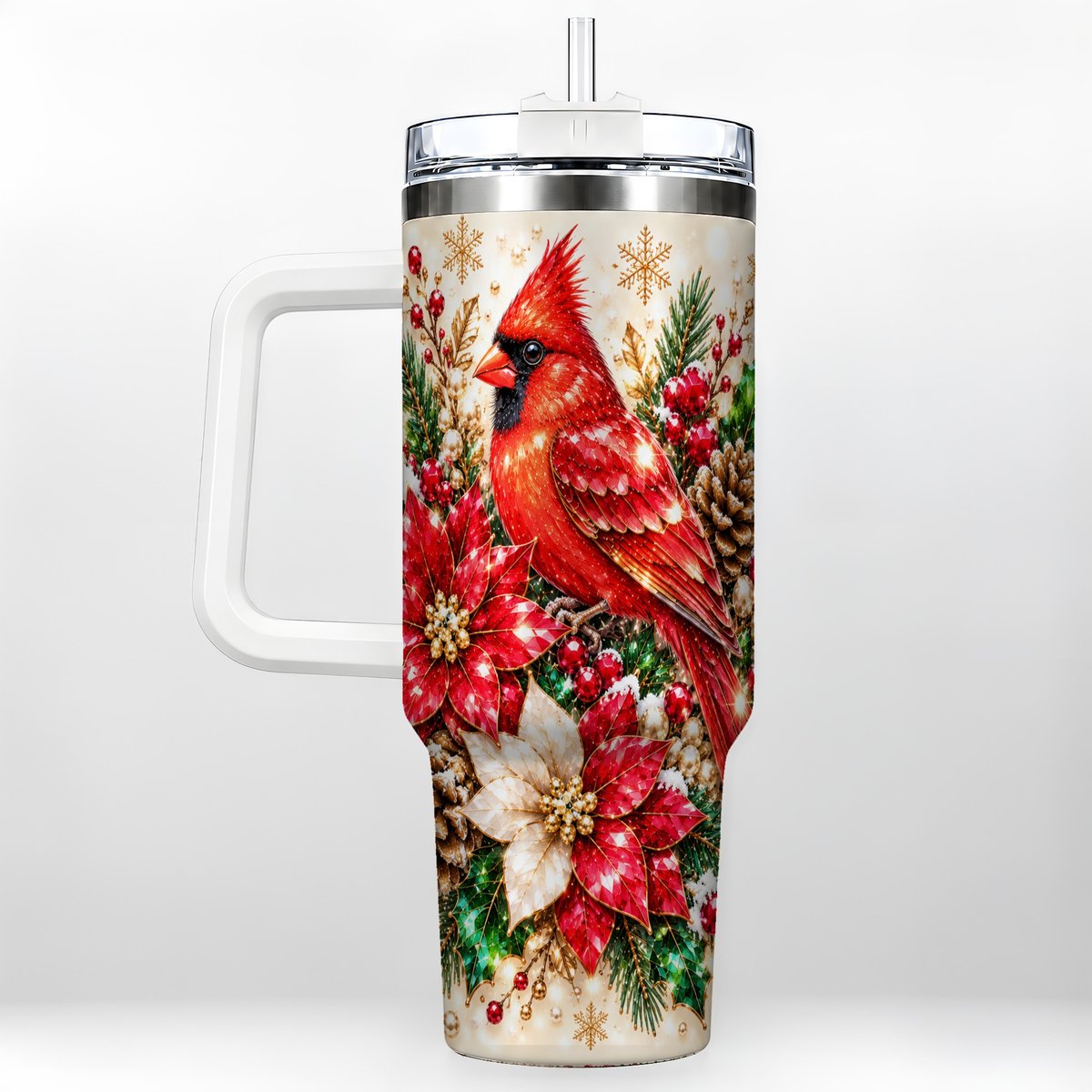 Red Cardinal 40oz Tumbler with Handle, Poinsettia Winter Art