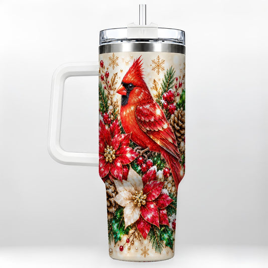 Red Cardinal 40oz Tumbler with Handle, Poinsettia Winter Art