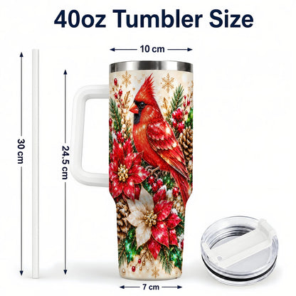 #pl[White] Red Cardinal 40oz Tumbler with Handle, Poinsettia Winter Art