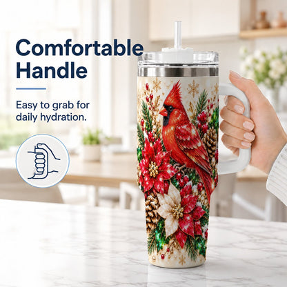 #pl[White] Red Cardinal 40oz Tumbler with Handle, Poinsettia Winter Art