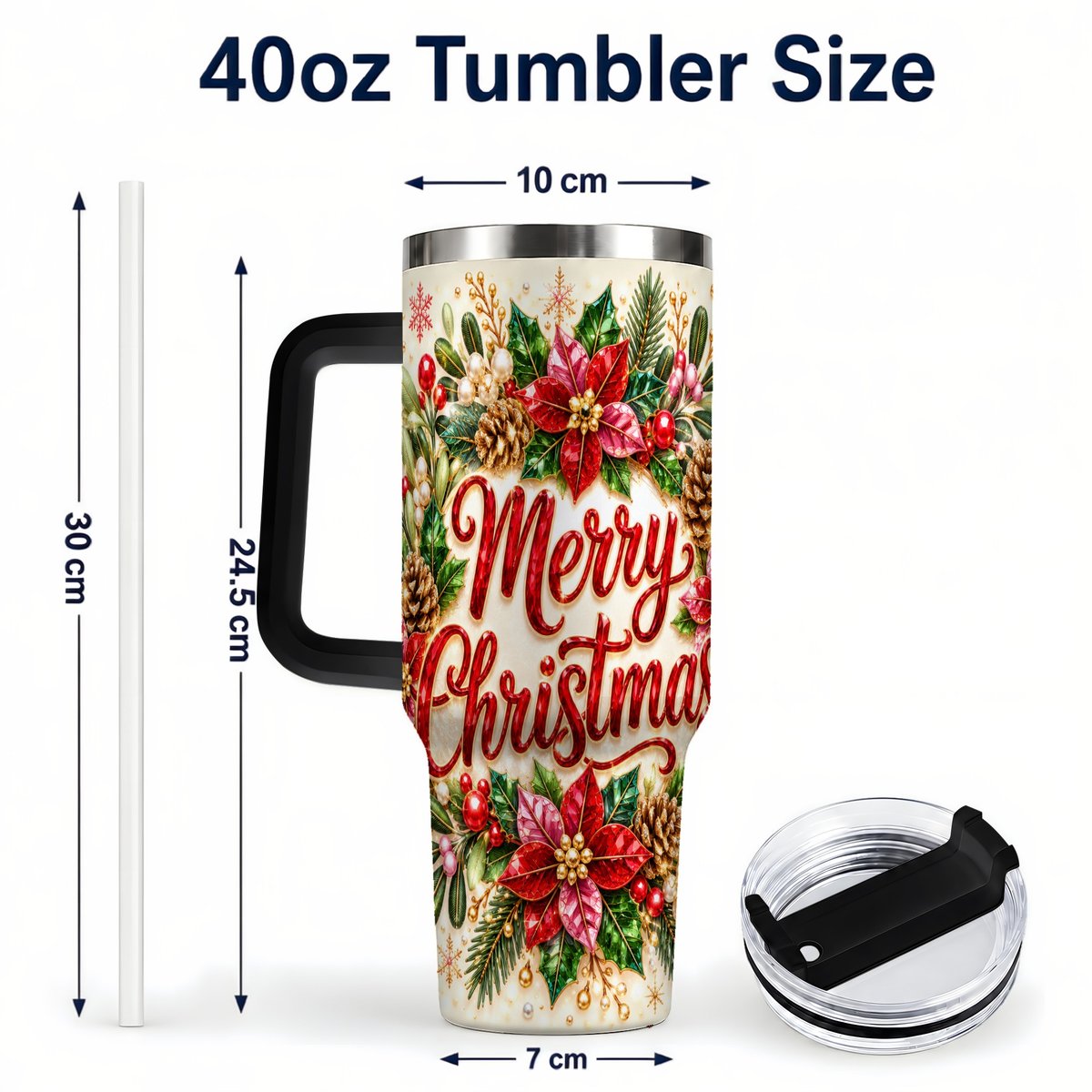 #pl[Black] Merry Christmas 40oz Tumbler with Handle, Floral Wreath Art
