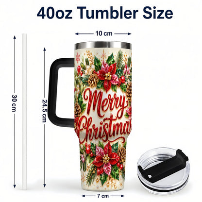 #pl[Black] Merry Christmas 40oz Tumbler with Handle, Floral Wreath Art