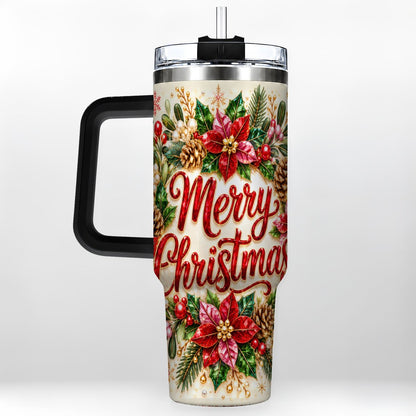 #pl[Black] Merry Christmas 40oz Tumbler with Handle, Floral Wreath Art