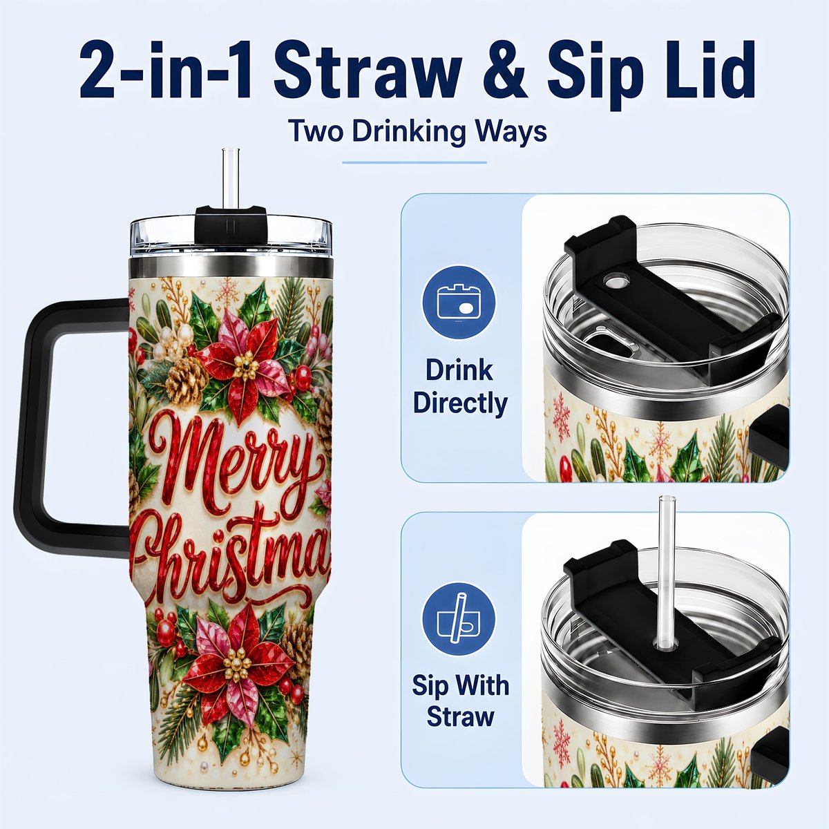 #pl[Black] Merry Christmas 40oz Tumbler with Handle, Floral Wreath Art