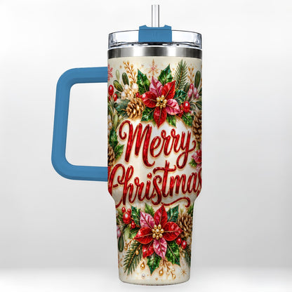 #pl[Blue] Merry Christmas 40oz Tumbler with Handle, Floral Wreath Art