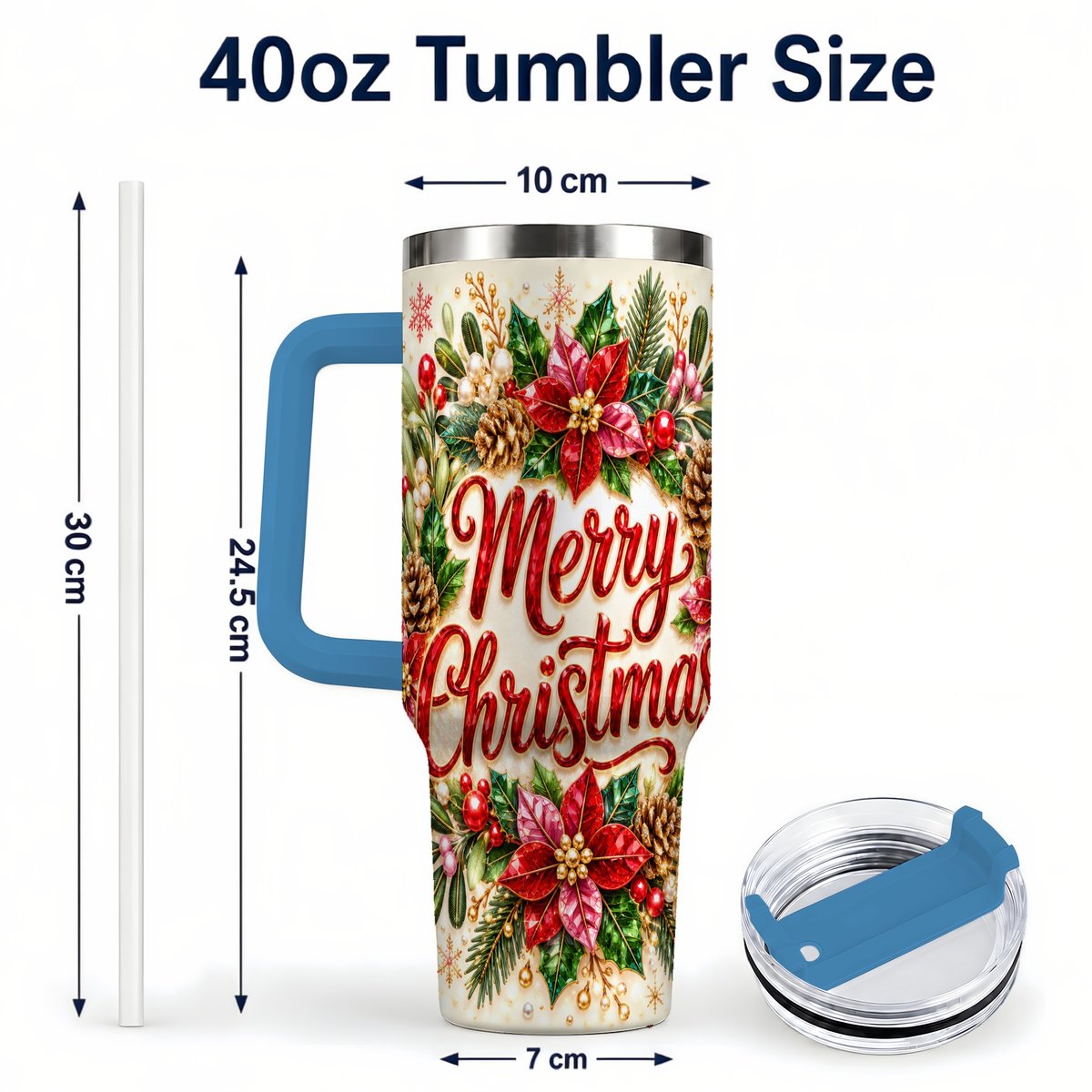 #pl[Blue] Merry Christmas 40oz Tumbler with Handle, Floral Wreath Art