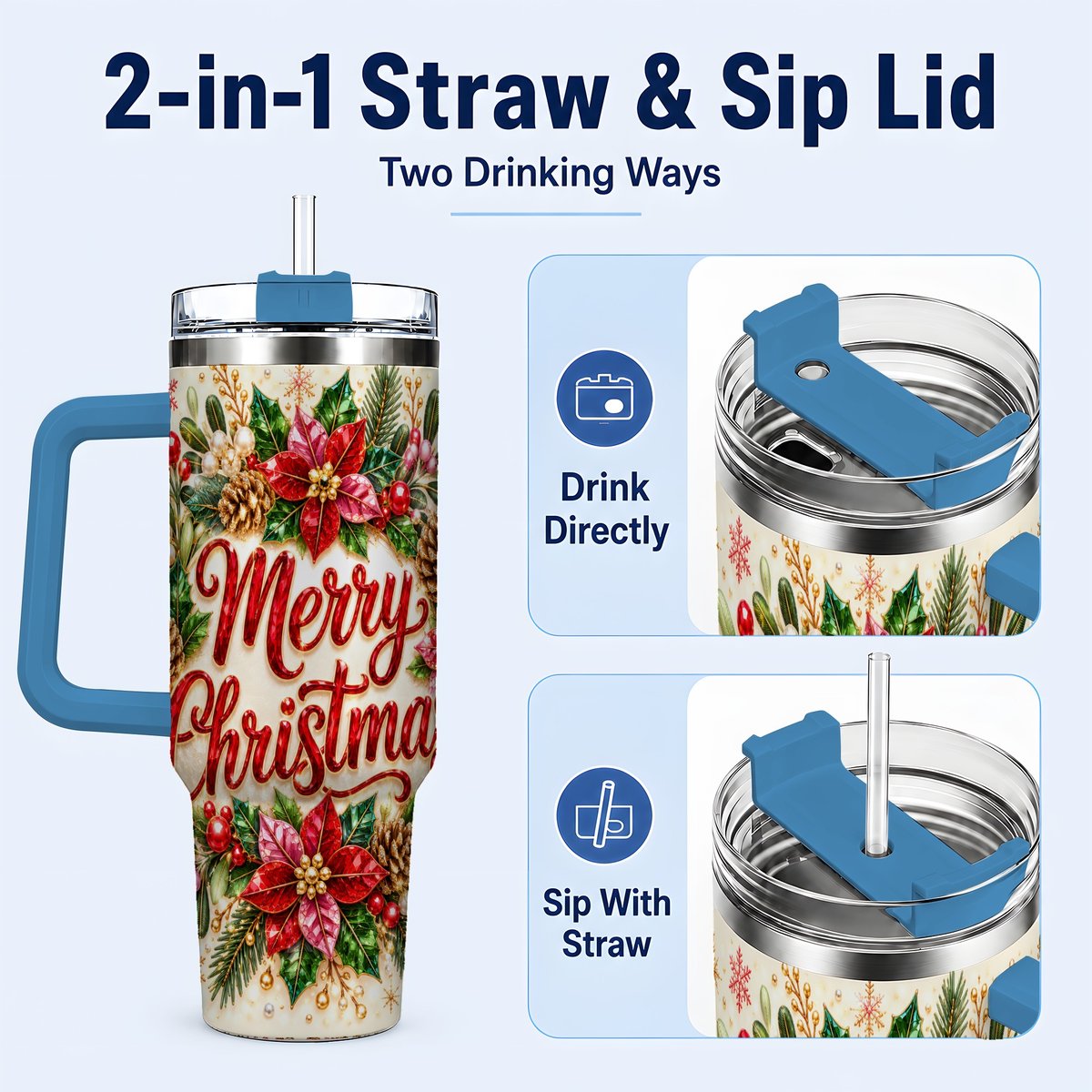 #pl[Blue] Merry Christmas 40oz Tumbler with Handle, Floral Wreath Art