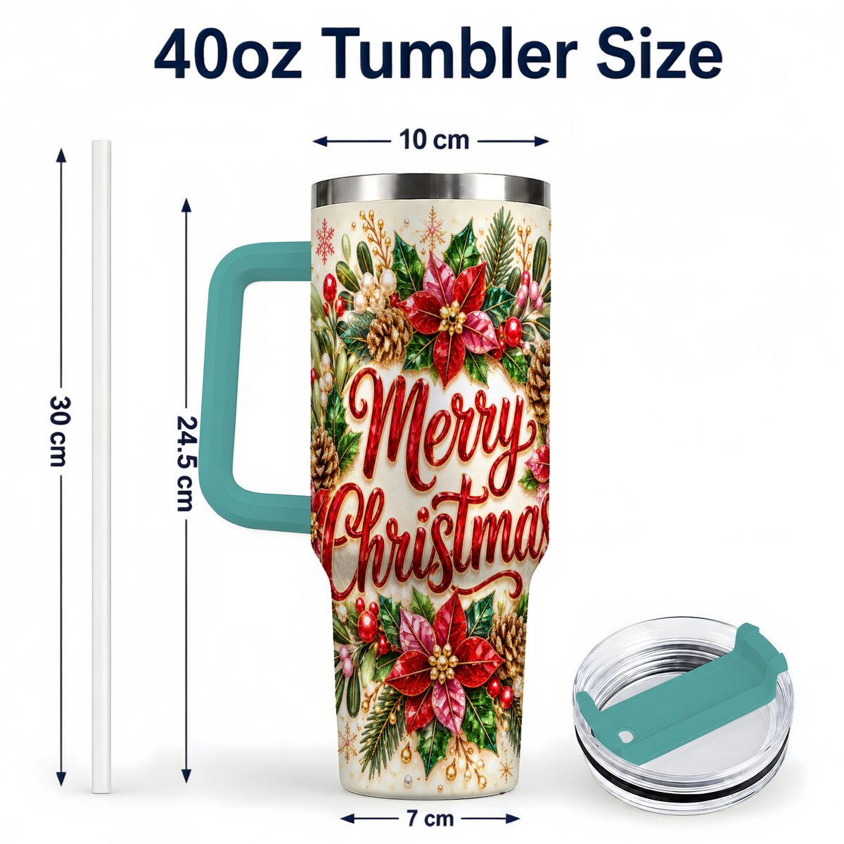#pl[Green] Merry Christmas 40oz Tumbler with Handle, Floral Wreath Art