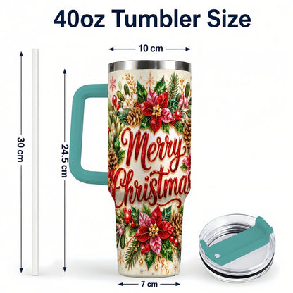 #pl[Green] Merry Christmas 40oz Tumbler with Handle, Floral Wreath Art