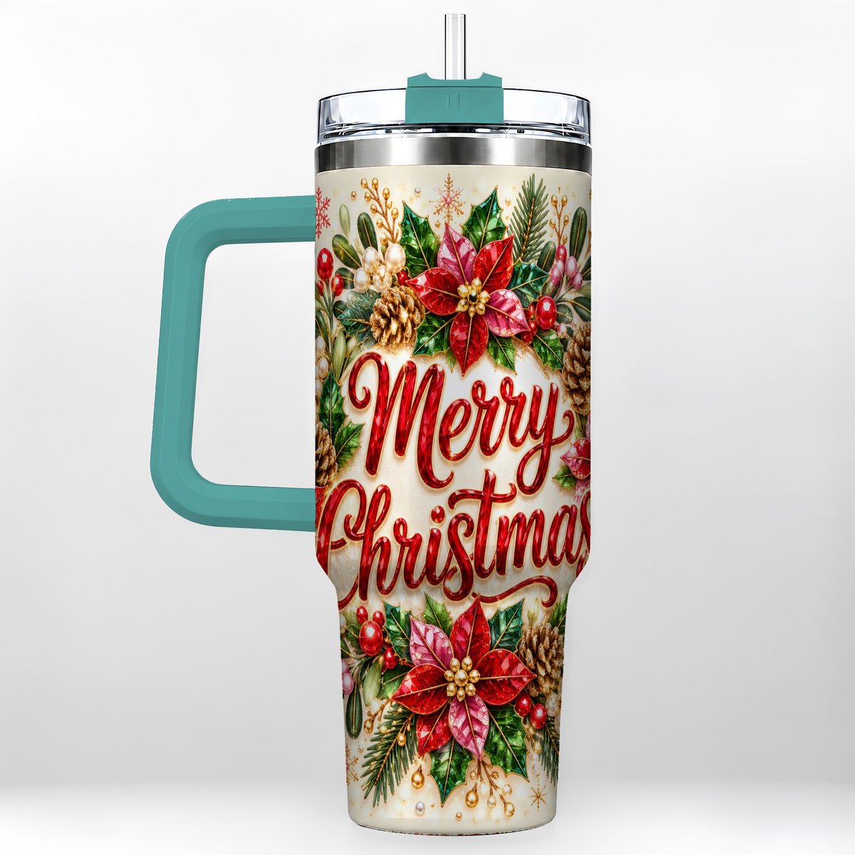 #pl[Green] Merry Christmas 40oz Tumbler with Handle, Floral Wreath Art