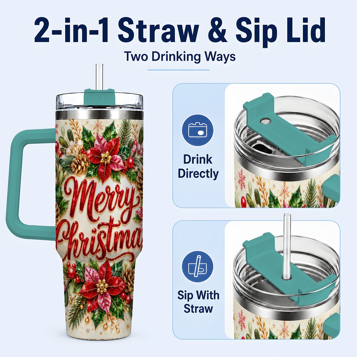 #pl[Green] Merry Christmas 40oz Tumbler with Handle, Floral Wreath Art
