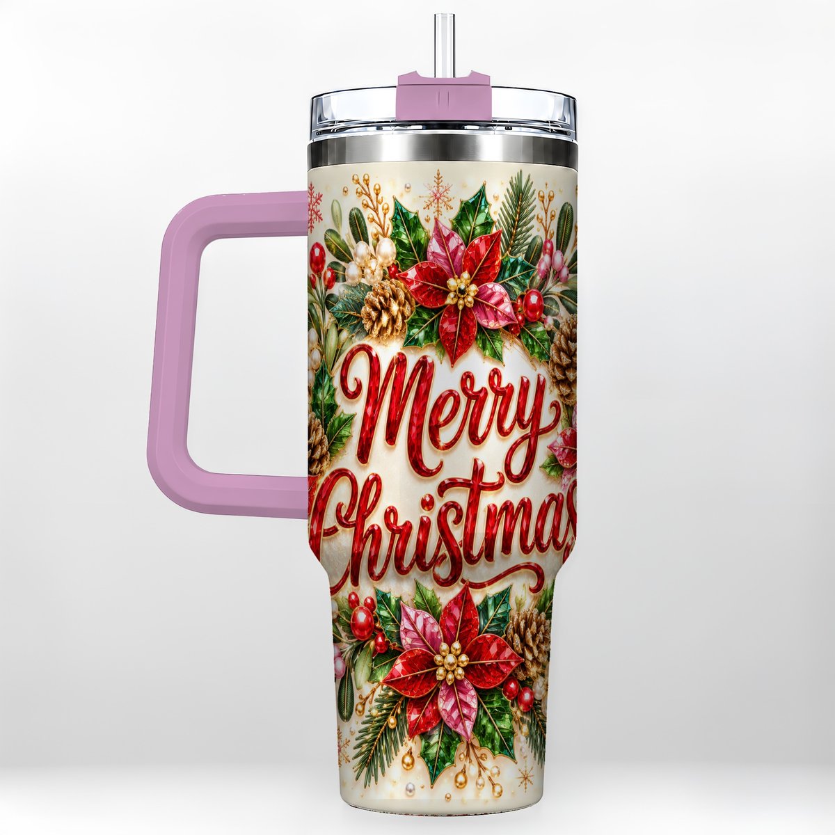 #pl[Pink] Merry Christmas 40oz Tumbler with Handle, Floral Wreath Art