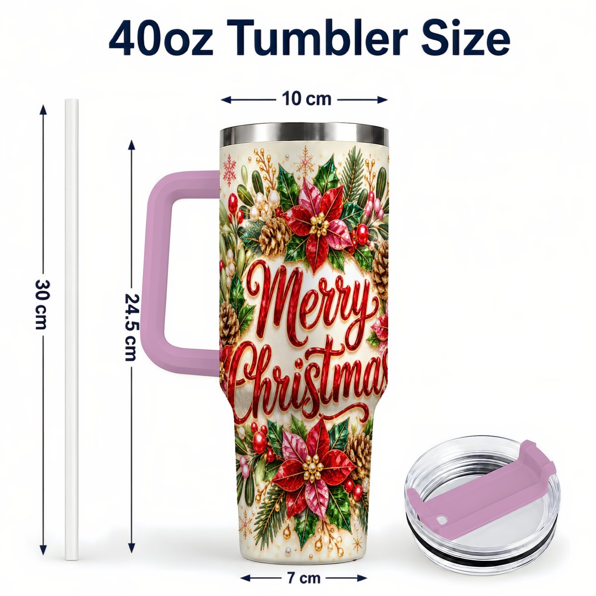 #pl[Pink] Merry Christmas 40oz Tumbler with Handle, Floral Wreath Art