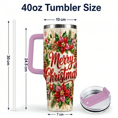 #pl[Pink] Merry Christmas 40oz Tumbler with Handle, Floral Wreath Art