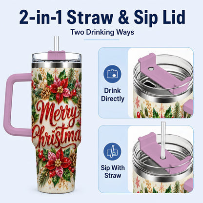 #pl[Pink] Merry Christmas 40oz Tumbler with Handle, Floral Wreath Art