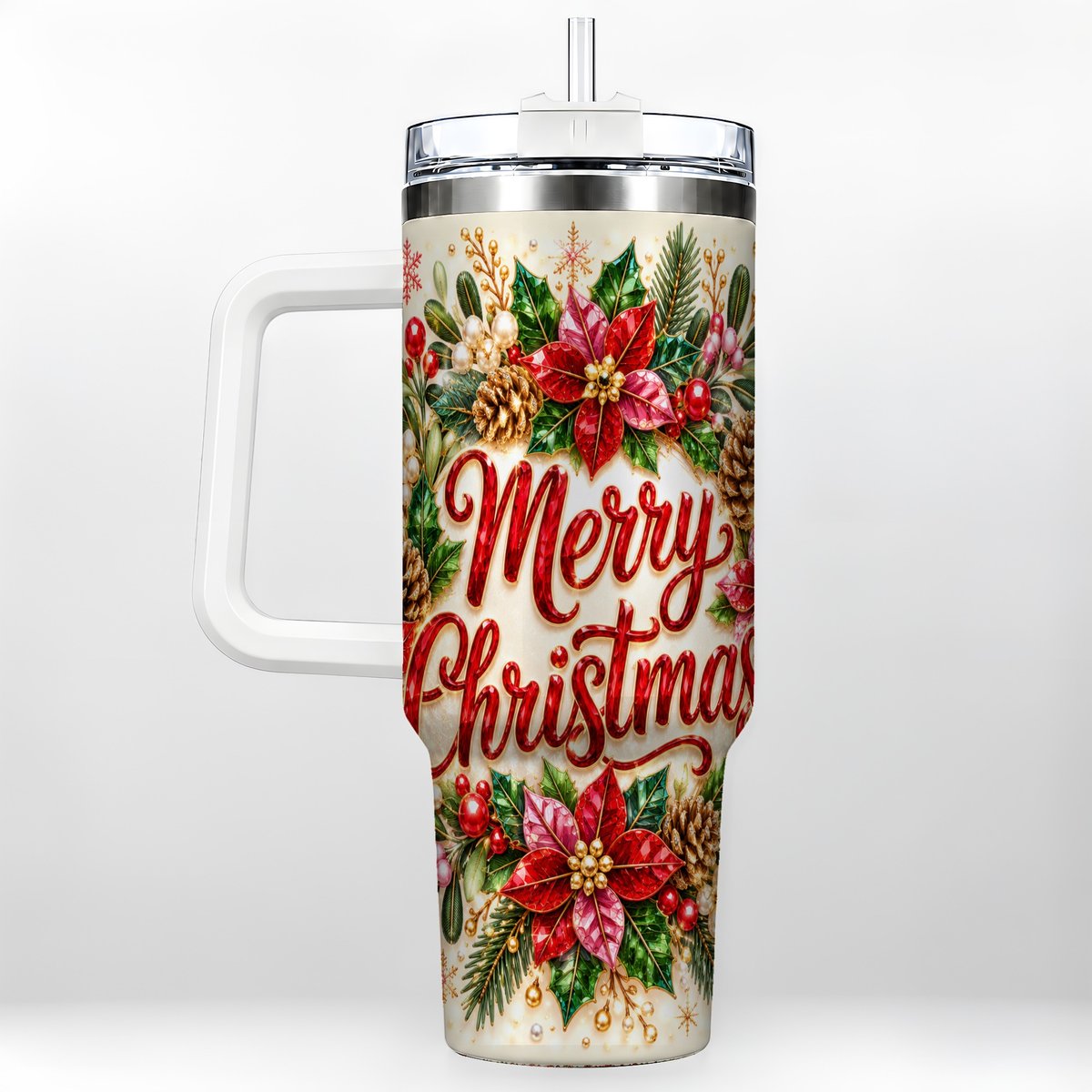 Merry Christmas 40oz Tumbler with Handle, Floral Wreath Art