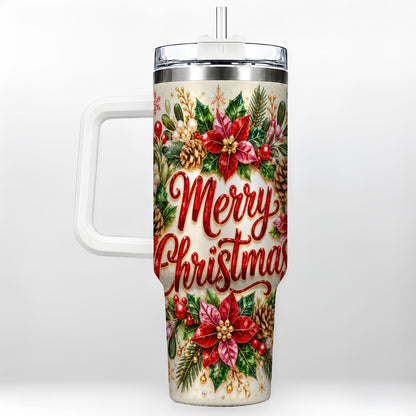 Merry Christmas 40oz Tumbler with Handle, Floral Wreath Art