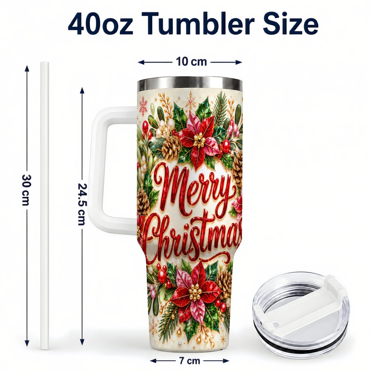 #pl[White] Merry Christmas 40oz Tumbler with Handle, Floral Wreath Art