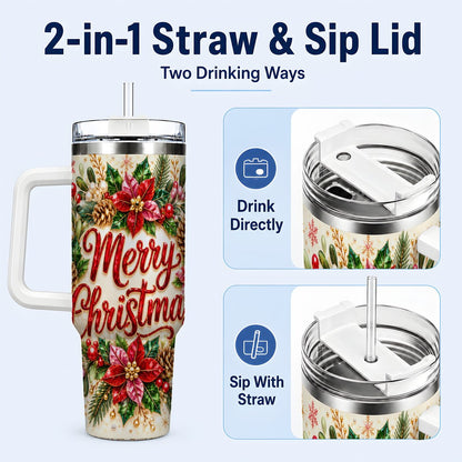 #pl[White] Merry Christmas 40oz Tumbler with Handle, Floral Wreath Art