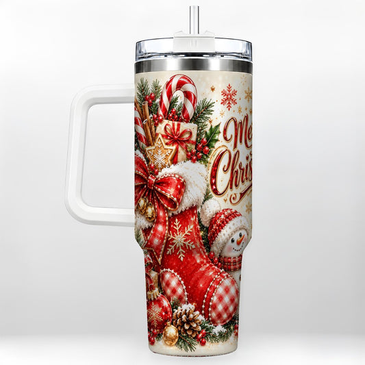 Christmas Stocking 40oz Tumbler with Handle, Snowman Holiday Art