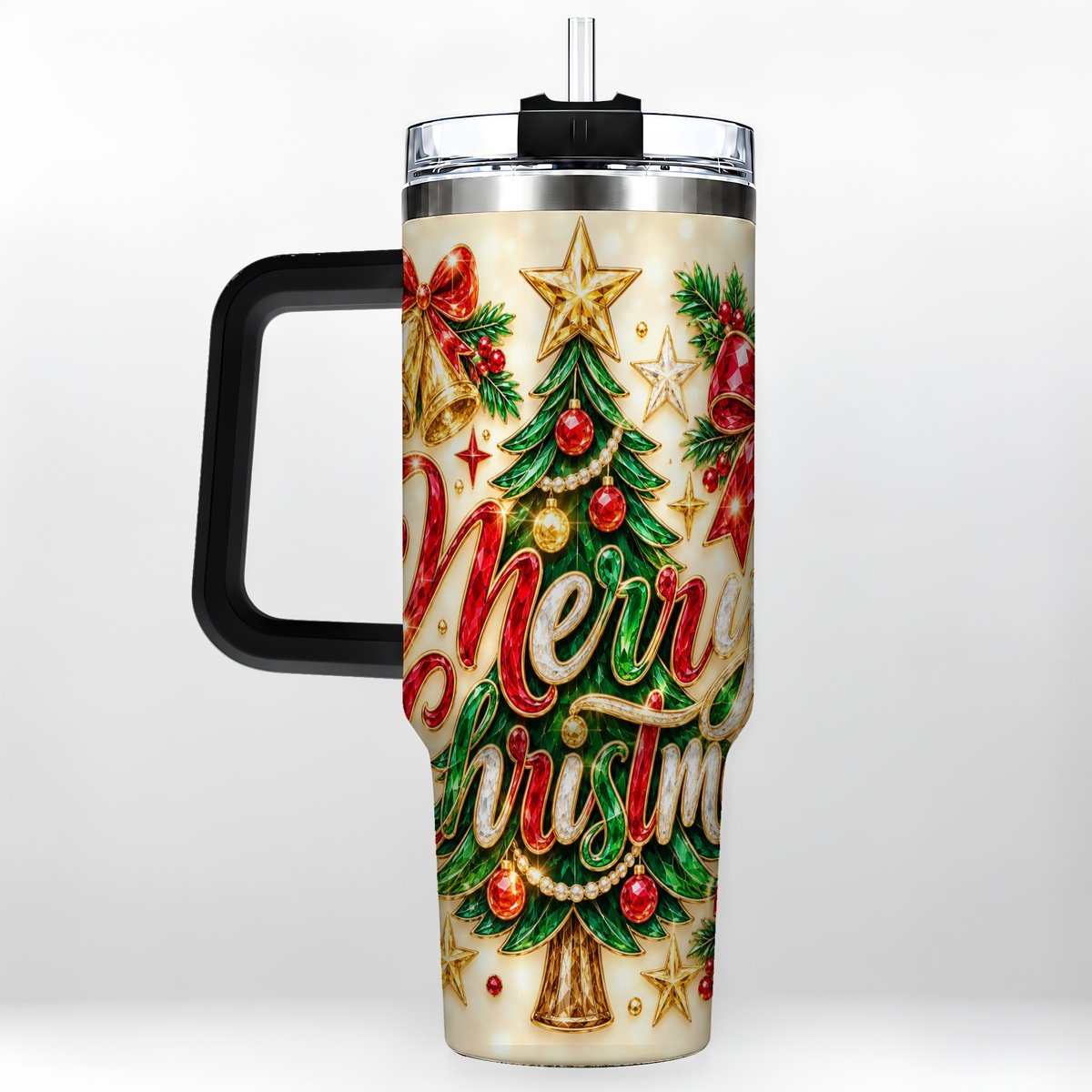 #pl[Black] Gemstone Christmas 40oz Tumbler with Handle, Festive Tree Art