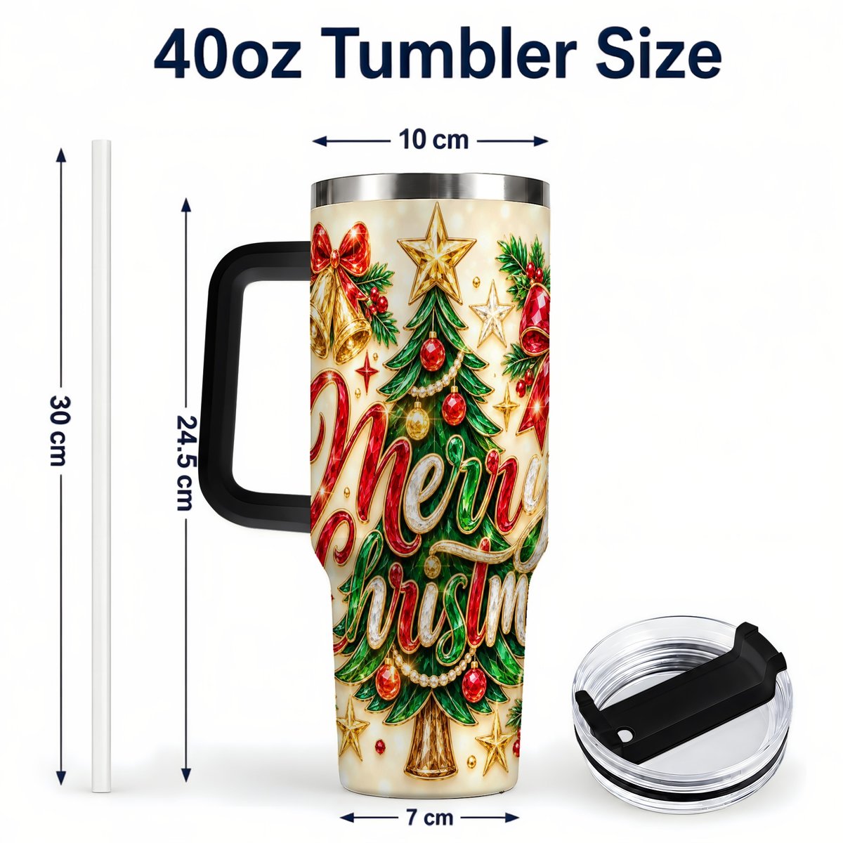 #pl[Black] Gemstone Christmas 40oz Tumbler with Handle, Festive Tree Art