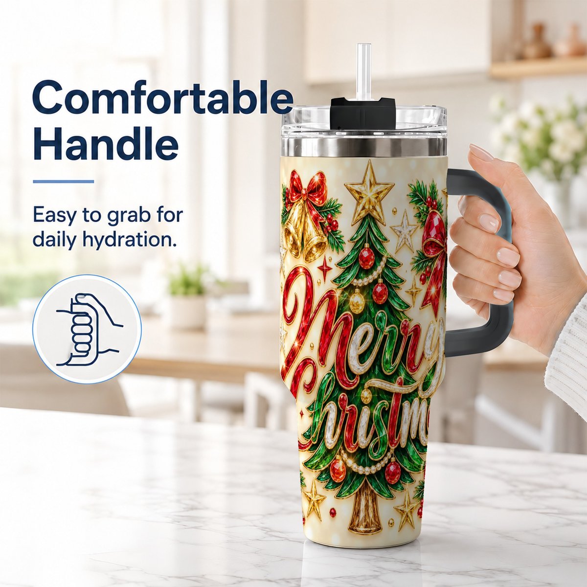 #pl[Black] Gemstone Christmas 40oz Tumbler with Handle, Festive Tree Art