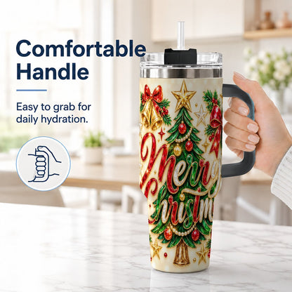 #pl[Black] Gemstone Christmas 40oz Tumbler with Handle, Festive Tree Art
