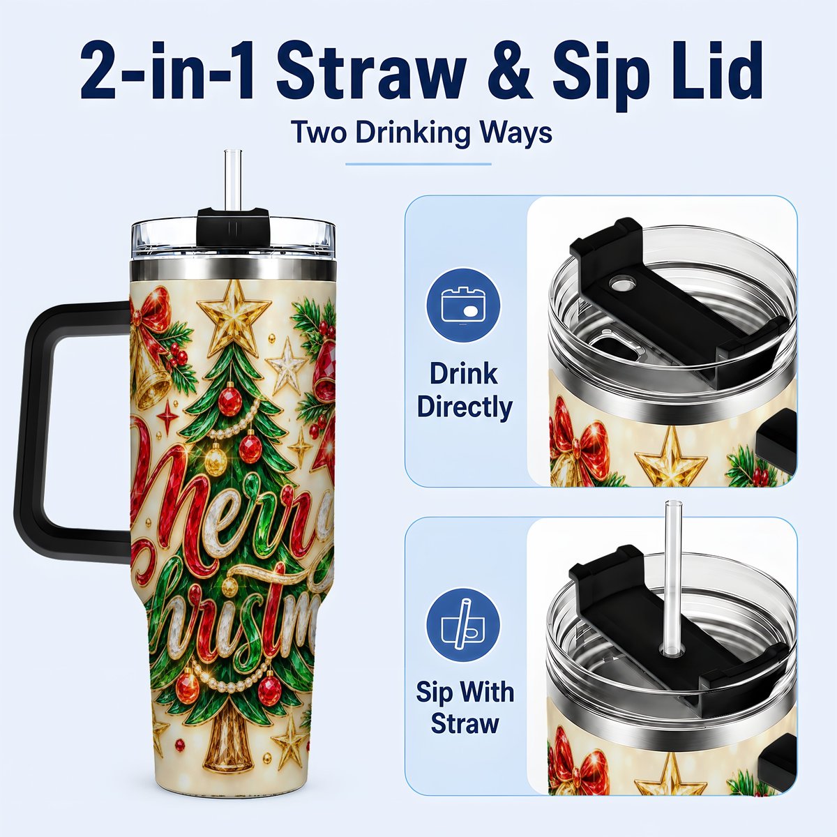 #pl[Black] Gemstone Christmas 40oz Tumbler with Handle, Festive Tree Art