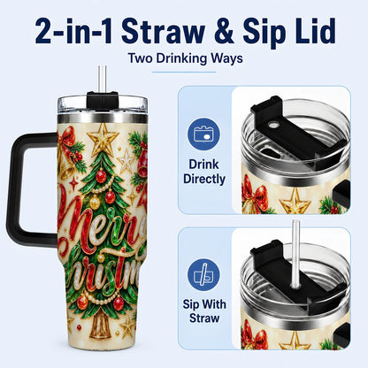 #pl[Black] Gemstone Christmas 40oz Tumbler with Handle, Festive Tree Art