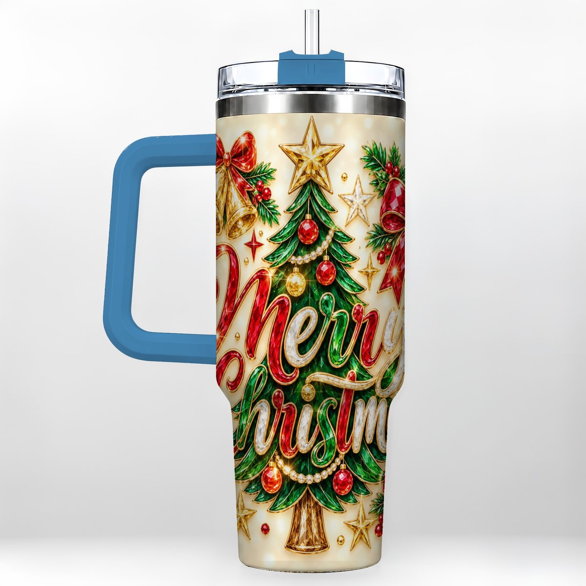 #pl[Blue] Gemstone Christmas 40oz Tumbler with Handle, Festive Tree Art
