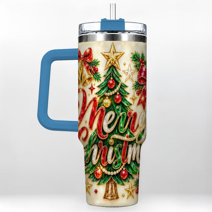 #pl[Blue] Gemstone Christmas 40oz Tumbler with Handle, Festive Tree Art