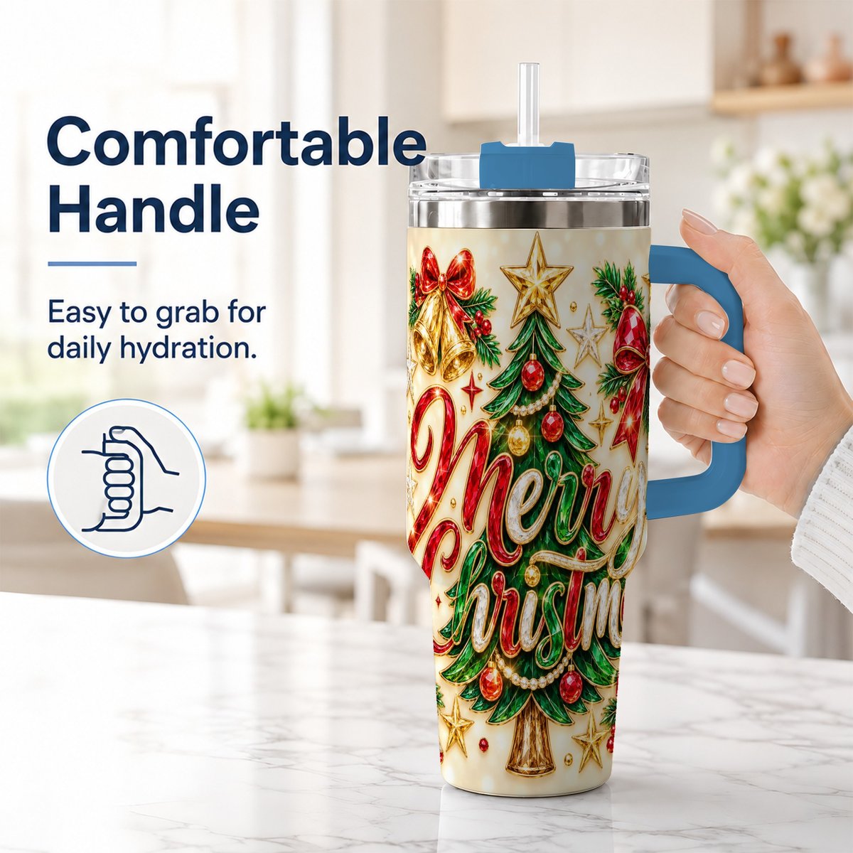 #pl[Blue] Gemstone Christmas 40oz Tumbler with Handle, Festive Tree Art