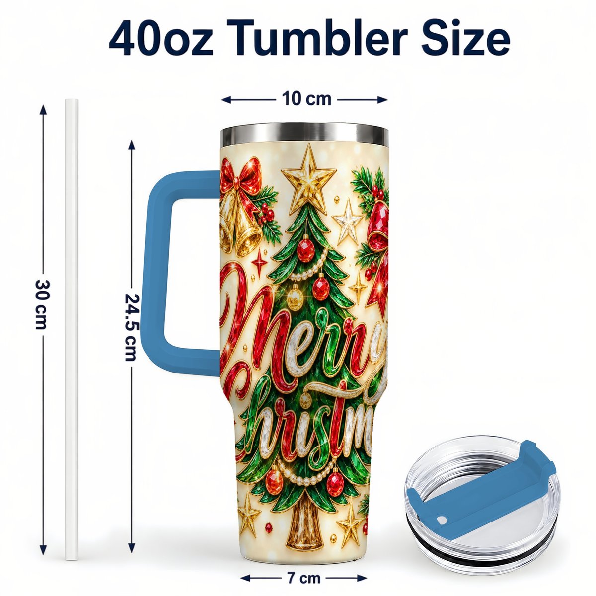 #pl[Blue] Gemstone Christmas 40oz Tumbler with Handle, Festive Tree Art